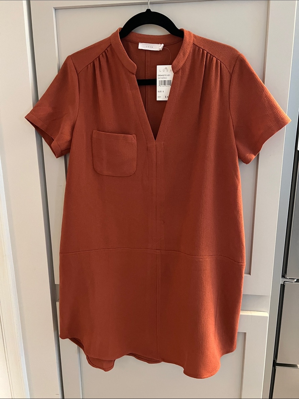LUSH Rust/dark orange Short-Sleeve V-Neck Dress, size S, NWT
